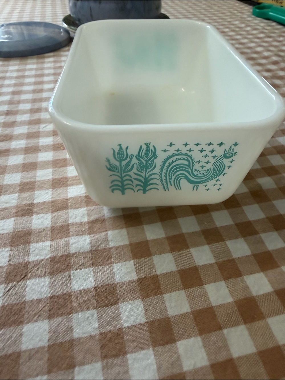 Pyrex White Milk Glass Casserole with Teal Rooster Motif